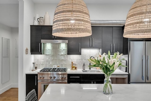 5 Mendell Way Unit 1, Boston, MA 02130 - kitchen with premium appliances, dark cabinetry, backsplash, and wood finished floors