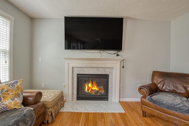 living area with wood finished floors, a glass covered fireplace, and baseboards