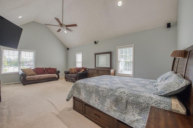 bedroom featuring carpet floors, multiple windows, baseboards, high vaulted ceiling, and recessed lighting