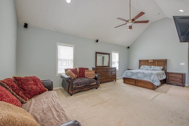 bedroom with light carpet, baseboards, recessed lighting, a ceiling fan, and high vaulted ceiling