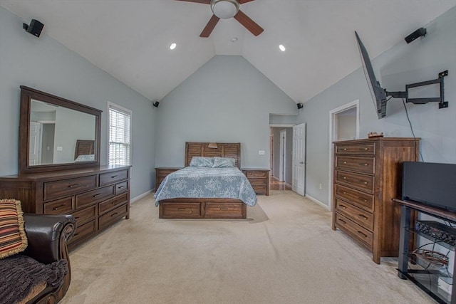 bedroom with light carpet, baseboards, recessed lighting, a ceiling fan, and high vaulted ceiling