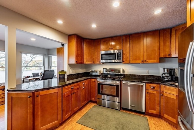 24 Shore Rd, Southwick, MA 01077 - kitchen featuring stainless steel appliances, light wood-type flooring, a textured ceiling, a peninsula, and recessed lighting