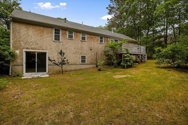 25 Liam Ln, Barnstable, MA 02632 - back of property featuring a wooden deck, a yard, and stairway