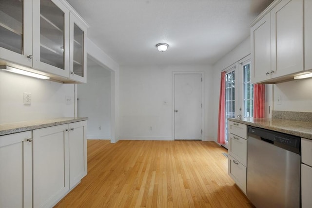 25 Liam Ln, Barnstable, MA 02632 - kitchen with dishwasher, light wood finished floors, glass insert cabinets, white cabinetry, and light stone countertops