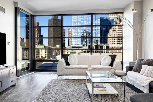 living area with a view of city and wood finished floors