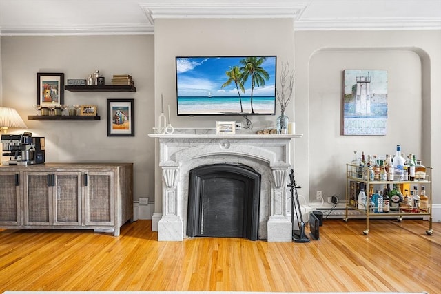 living area featuring wood finished floors, a fireplace, and ornamental molding