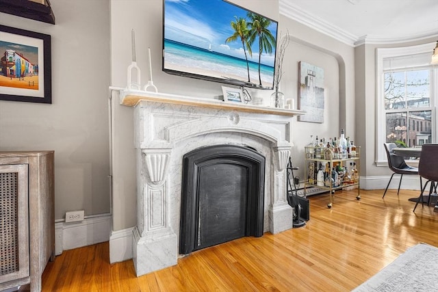 room details featuring a fireplace, wood finished floors, crown molding, and baseboards