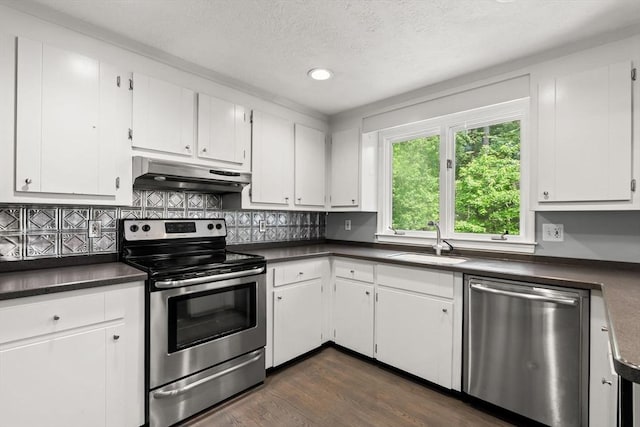 18 Arend Cir, Hanover, MA 02339 - kitchen with stainless steel appliances, under cabinet range hood, a sink, dark countertops, and white cabinets