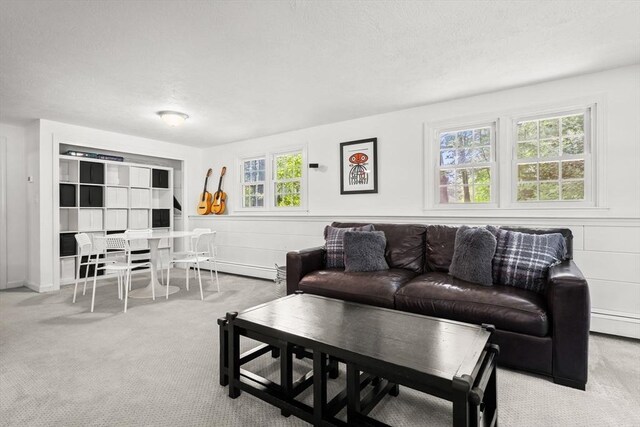 18 Arend Cir, Hanover, MA 02339 - carpeted living room with a baseboard heating unit and a textured ceiling