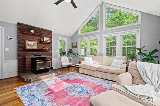 18 Arend Cir, Hanover, MA 02339 - living area featuring a ceiling fan, wood finished floors, high vaulted ceiling, and a fireplace