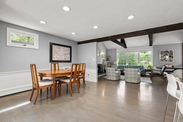 18 Arend Cir, Hanover, MA 02339 - dining area with recessed lighting, a wainscoted wall, wood finished floors, a baseboard heating unit, and a fireplace