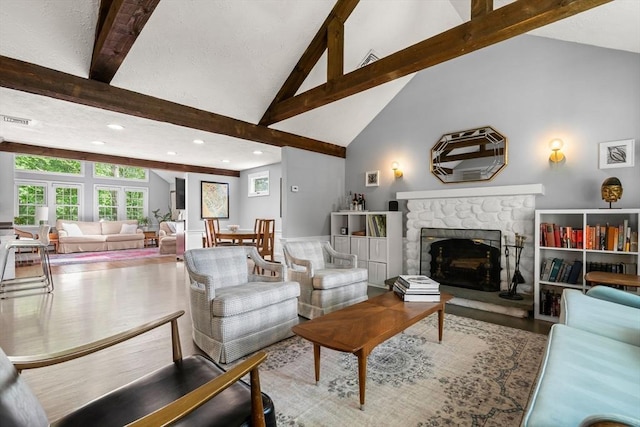 18 Arend Cir, Hanover, MA 02339 - living room with beamed ceiling, a fireplace, recessed lighting, wood finished floors, and high vaulted ceiling