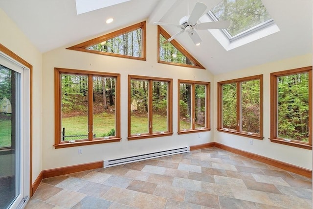 unfurnished sunroom featuring a skylight, baseboard heating, baseboards, and high vaulted ceiling