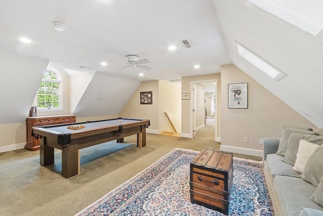 rec room featuring lofted ceiling, a skylight, light carpet, baseboards, and billiards table