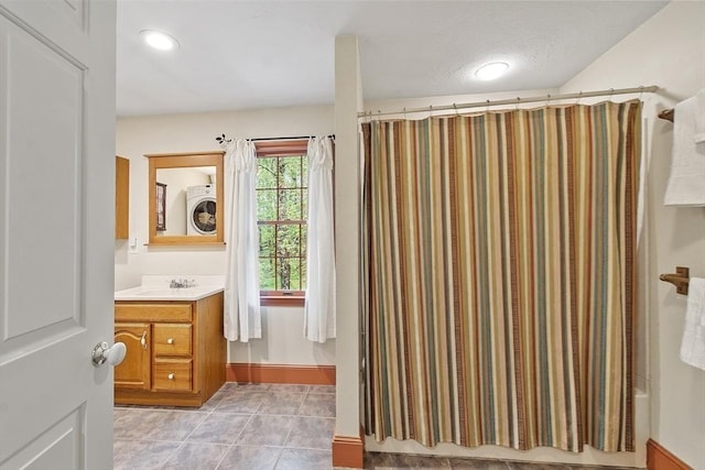 full bath with vanity, tile patterned floors, recessed lighting, baseboards, and shower / bath combo with shower curtain