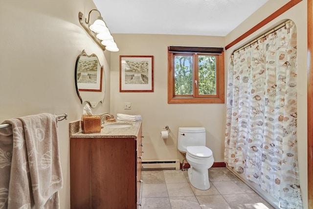 10 Eagles Nest, Edgartown, MA 02539 - full bath with baseboard heating, vanity, tile patterned floors, and a shower with curtain