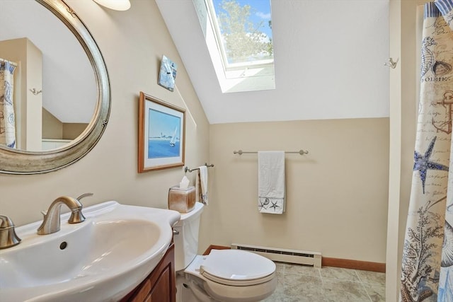 10 Eagles Nest, Edgartown, MA 02539 - full bathroom featuring a baseboard heating unit, a skylight, vaulted ceiling, a shower with shower curtain, and vanity