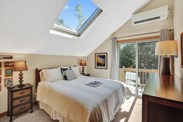 10 Eagles Nest, Edgartown, MA 02539 - bedroom with a wall unit AC, access to outside, vaulted ceiling, light colored carpet, and a skylight