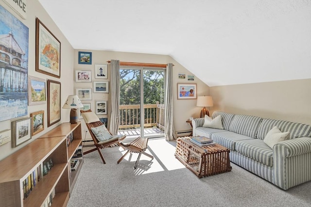 10 Eagles Nest, Edgartown, MA 02539 - carpeted living area featuring a baseboard heating unit and vaulted ceiling