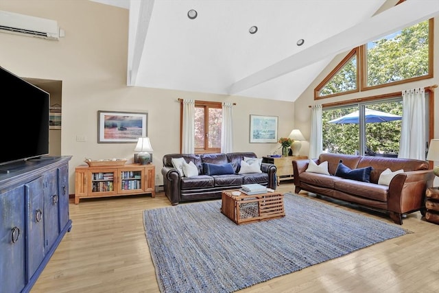 10 Eagles Nest, Edgartown, MA 02539 - living room with a wall unit AC, high vaulted ceiling, light wood-style flooring, healthy amount of natural light, and beam ceiling