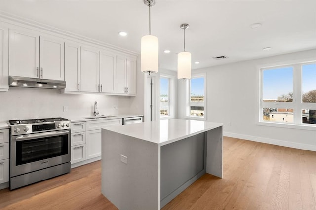301 Border Unit 409, Boston, MA 02128 - kitchen featuring stainless steel appliances, under cabinet range hood, a sink, light countertops, and recessed lighting