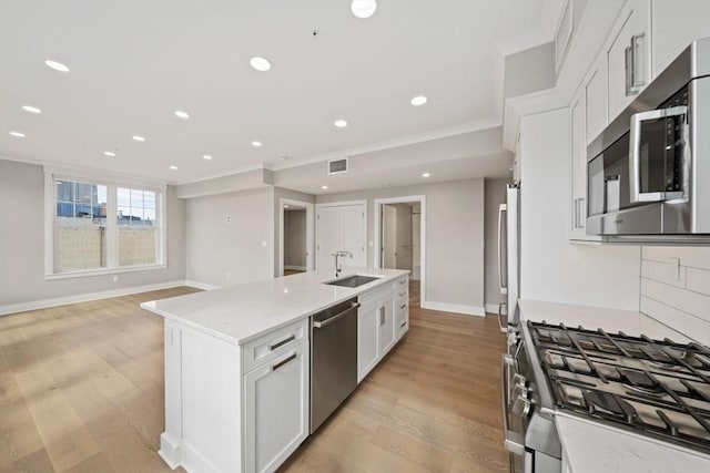 kitchen with a sink, stainless steel appliances, light wood-style floors, white cabinets, and decorative backsplash