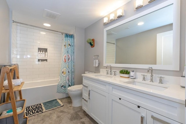 full bathroom featuring a sink, visible vents, toilet, and shower / bath combination with curtain