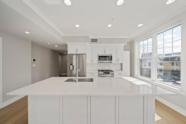 kitchen with visible vents, a sink, tasteful backsplash, stainless steel appliances, and white cabinets