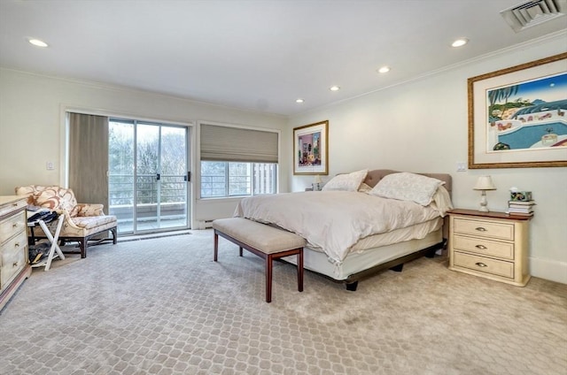 bedroom with visible vents, light colored carpet, ornamental molding, access to exterior, and recessed lighting