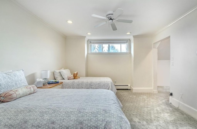 bedroom with crown molding, baseboard heating, baseboards, and light colored carpet