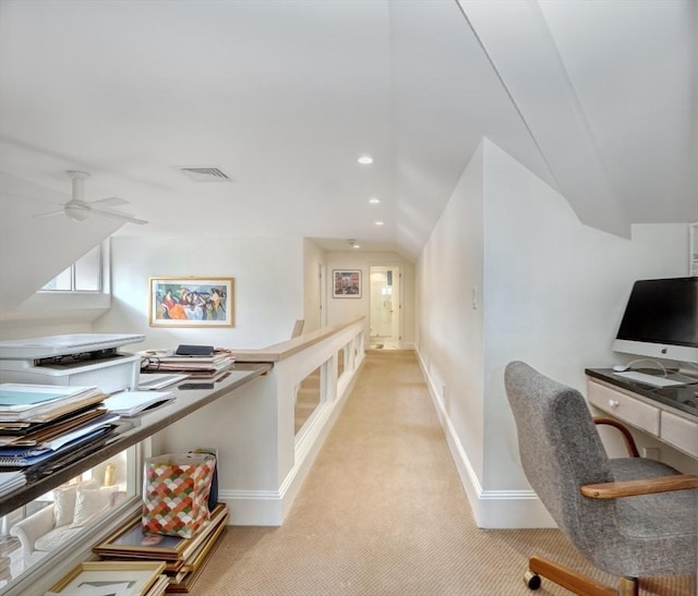 office area featuring recessed lighting, light colored carpet, visible vents, and baseboards