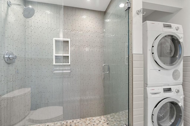 117 Fulton St Unit 4, Boston, MA 02109 - full bathroom with estacked washer and dryer and a shower stall