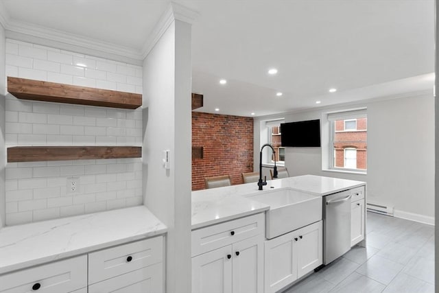 117 Fulton St Unit 4, Boston, MA 02109 - kitchen featuring stainless steel dishwasher, white cabinetry, recessed lighting, ornamental molding, and light stone counters
