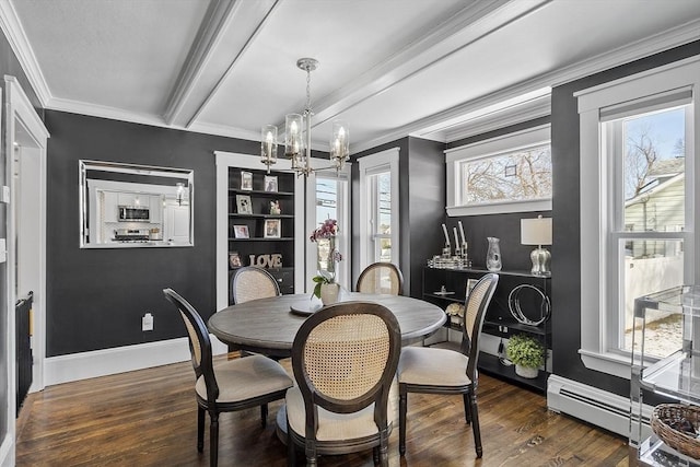 dining room featuring a baseboard radiator, crown molding, a healthy amount of sunlight, and beamed ceiling