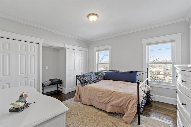 bedroom with crown molding, dark hardwood / wood-style floors, and multiple closets