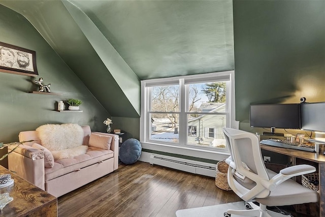 home office with dark hardwood / wood-style flooring, vaulted ceiling, and a baseboard heating unit