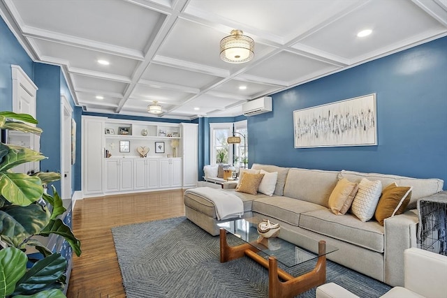 living room featuring coffered ceiling, beamed ceiling, dark hardwood / wood-style flooring, and an AC wall unit