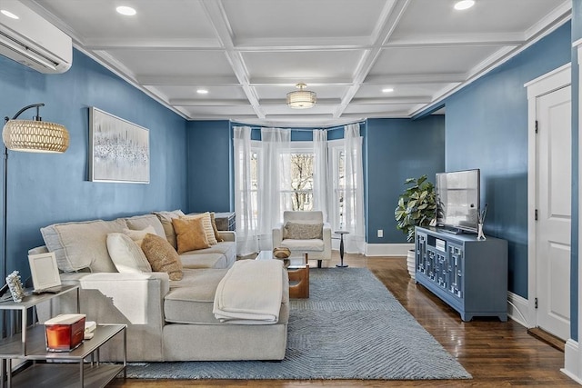 living room featuring beam ceiling, a wall mounted AC, coffered ceiling, and dark wood-type flooring