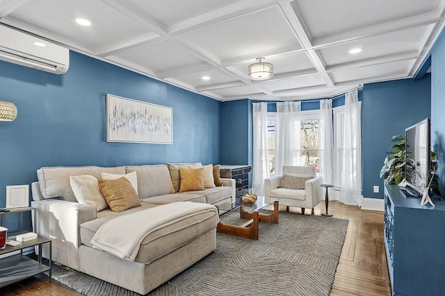 living room with coffered ceiling, beam ceiling, a wall mounted air conditioner, and dark wood-type flooring