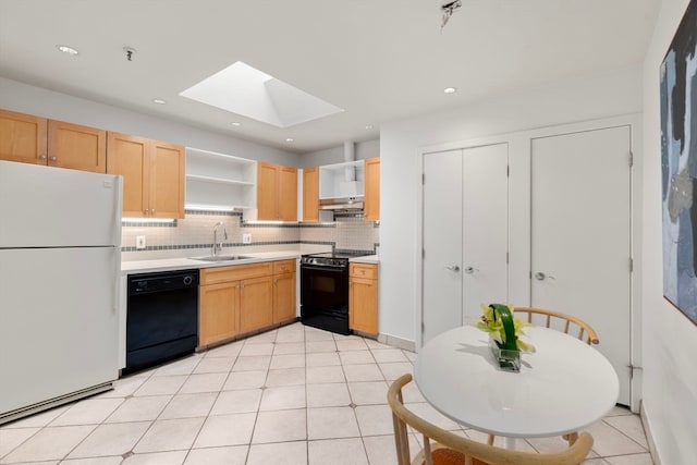 kitchen with range hood, sink, tasteful backsplash, and black appliances