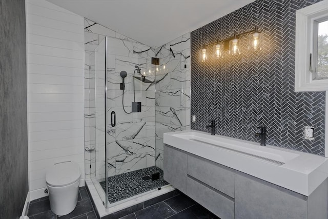 16 Poole Rd, Belchertown, MA 01007 - bathroom featuring a sink, a marble finish shower, tile walls, and toilet