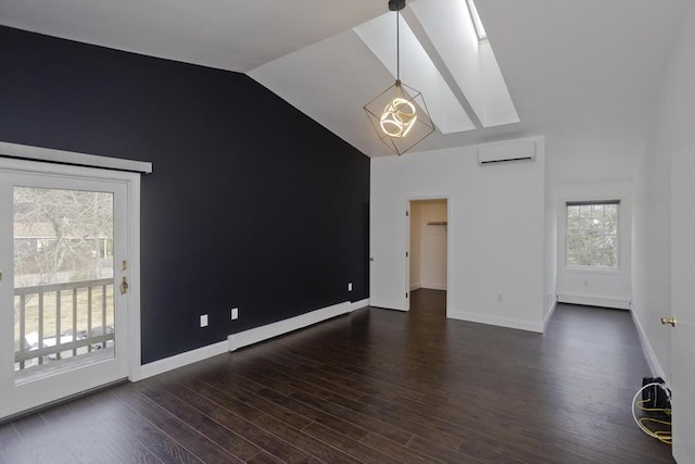 16 Poole Rd, Belchertown, MA 01007 - unfurnished room with a wall mounted air conditioner, a chandelier, dark wood finished floors, a baseboard heating unit, and lofted ceiling