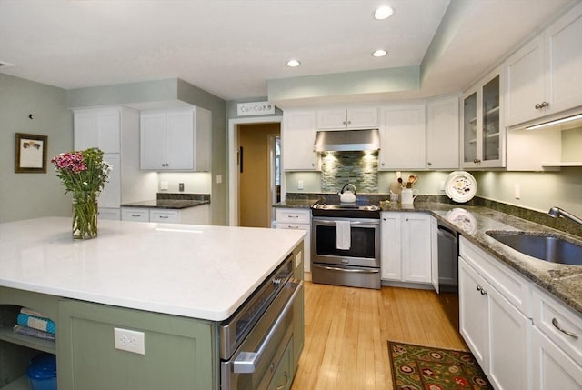 kitchen featuring stainless steel appliances, white cabinets, a sink, and under cabinet range hood