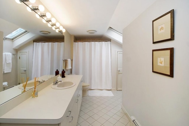 full bathroom with toilet, a skylight, tile patterned floors, vanity, and a shower with curtain