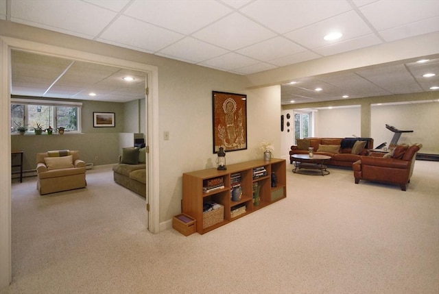 living room featuring carpet, a wealth of natural light, and recessed lighting