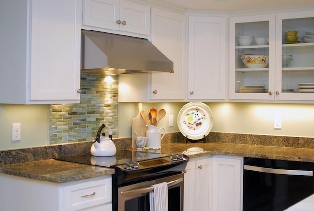 kitchen with glass insert cabinets, white cabinets, stainless steel range with electric cooktop, dishwasher, and under cabinet range hood