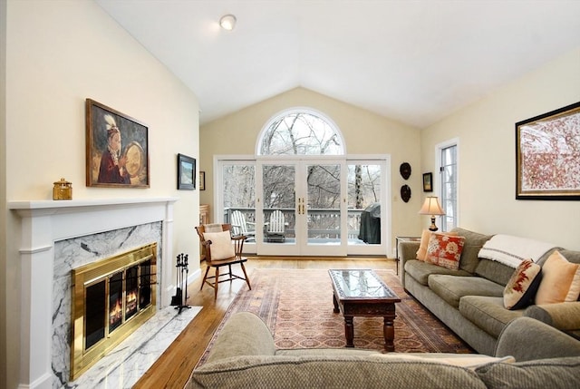 living room with lofted ceiling, a fireplace, and wood finished floors