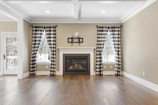 30 Southfield Ln Unit 30, Sherborn, MA 01770 - unfurnished living room with a glass covered fireplace, wood finished floors, crown molding, beamed ceiling, and baseboards