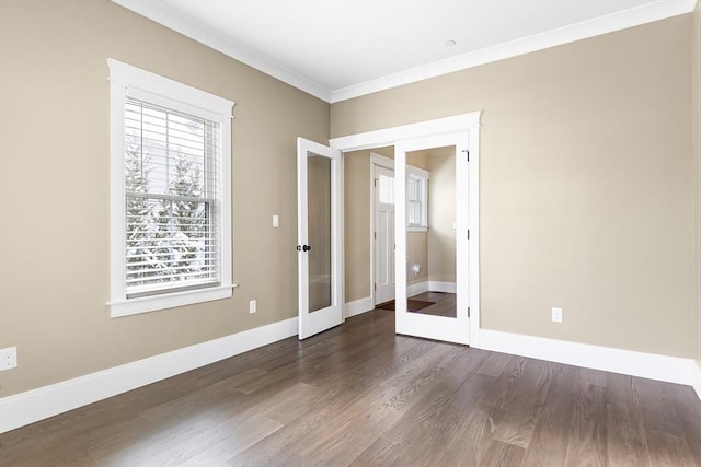 30 Southfield Ln Unit 30, Sherborn, MA 01770 - unfurnished bedroom with french doors, dark wood finished floors, baseboards, and crown molding