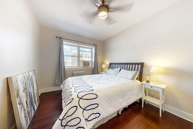 1834 Beacon St Unit 16, Brookline, MA 02445 - bedroom featuring radiator, wood finished floors, baseboards, cooling unit, and a ceiling fan